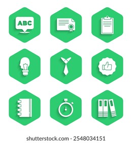 Set Tie, Stopwatch, Office folders, Hand thumb up, Spiral notebook, Light bulb with concept of idea, Clipboard checklist and Alphabet icon. Vector
