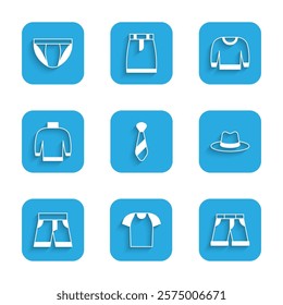 Set Tie, T-shirt, Short or pants, Man hat, Sweater,  and Men underpants icon. Vector