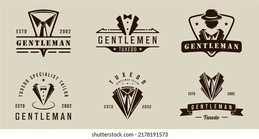 set of tie tuxedo logo vector vintage illustration template icon graphic design. bundle collection of various suit masculine and gentleman fashion sign or symbol for professional tailor or designer