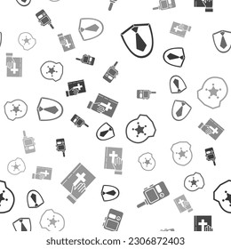 Set Tie, Walkie talkie, Police badge and Oath on the Holy Bible on seamless pattern. Vector