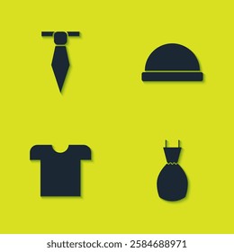 Set Tie, Woman dress, T-shirt and Beanie hat icon. Vector