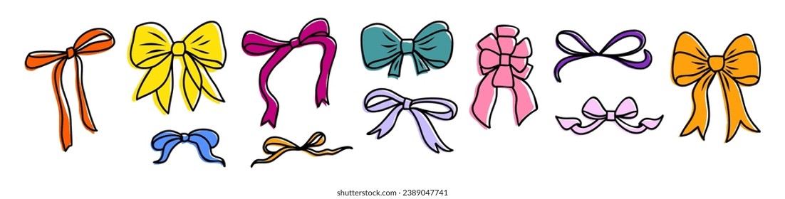 Conjunto de arcos atados en estilo doodle de varias formas y colores. Dibujado a mano Cumpleaños decorativo, Navidad, cintas de vacaciones boceto de tinta línea vectorial ilustración de arte aislado en fondo blanco.