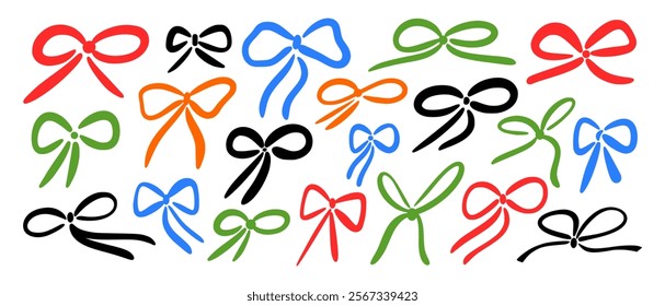 Set of tied bows from thin multi-colored ribbons. Vector illustration in minimalistic simple style on white isolated background for gift wrapping.