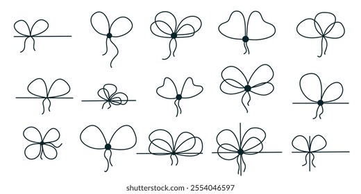 Set of tied gift ribbon bow. Simple black line bowknot on rope. Ink hand drawn festive elements for gift box decor, vector graphic