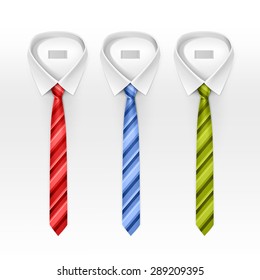 Set of Tied Striped Colored Silk Ties and Bow Ties Collection Vector Realistic Illustration Isolated on White Background
