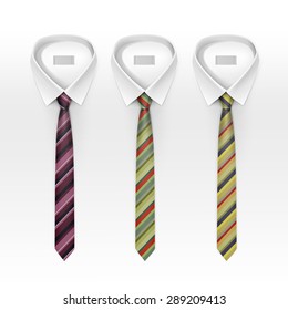 Set of Tied Striped Colored Silk Ties and Bow Ties Collection Vector Realistic Illustration Isolated on White Background