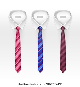 Set of Tied Striped Colored Silk Ties and Bow Ties Collection Vector Realistic Illustration Isolated on White Background