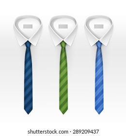Set of Tied Striped Colored Silk Ties and Bow Ties Collection Vector Realistic Illustration Isolated on White Background