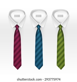 Set of Tied Striped Colored Silk Ties and Bow Ties Collection Vector Realistic Illustration Isolated on White Background