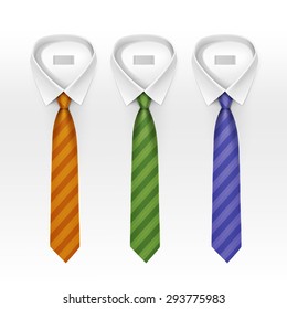 Set of Tied Striped Colored Silk Ties and Bow Ties Collection Vector Realistic Illustration Isolated on White Background