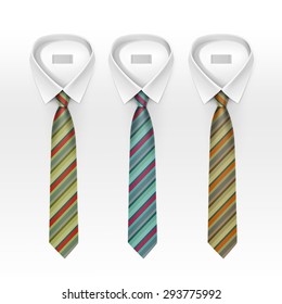 Set of Tied Striped Colored Silk Ties and Bow Ties Collection Vector Realistic Illustration Isolated on White Background