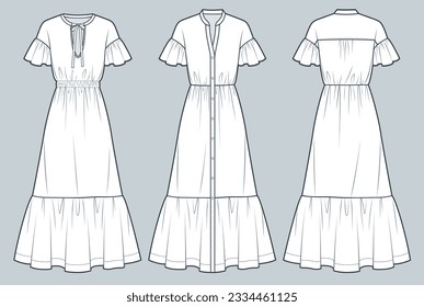 Set von Tiered Dress technische Modegrafik. Flounce Sleeve Dress Mode flach technische Zeichnung Vorlage, entspannte Passform, Maxi-Länge, Front-und Backview, weiß, Frauen CAD-Mock-up Set.