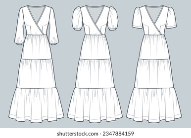 Set von gestuften Kleidern, technische Modegrafik. Puff Sleeve Maxi Dress Mode flach technische Zeichnung Vorlage, kurz und drei Viertel Ärmel, Frontansicht, weiß, Frauen CAD-Mock-up Set.