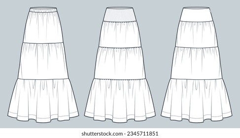 Set of Tiered Skirts technical fashion illustration. Maxi Skirt with different waistband fashion flat technical drawing template, rib, zipper, elastic band, front view, white, women CAD mockup set.