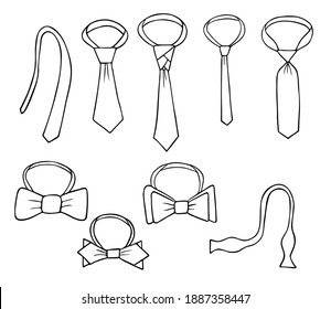 A set of ties.Tied and untied. Unusual knots and different types. Bow tie also different types. Outline black and white drawing, isolated image. 