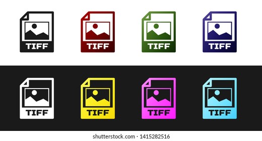Set TIFF file document icon. Download tiff button icon isolated on black and white background. TIFF file symbol. Vector Illustration
