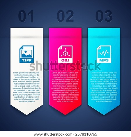 Set TIFF file document, OBJ and MP3. Business infographic template. Vector