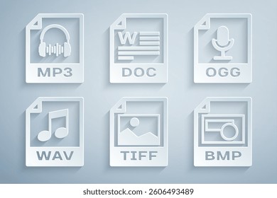 Set TIFF file document, OGG, WAV, BMP, DOC and MP3 icon. Vector