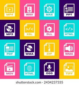 Set TIFF file document, WMA, HTML, MAX, XSL and MP3 icon. Vector