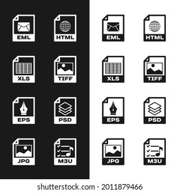 Set TIFF file document, XLS, EML, HTML, EPS and PSD icon. Vector