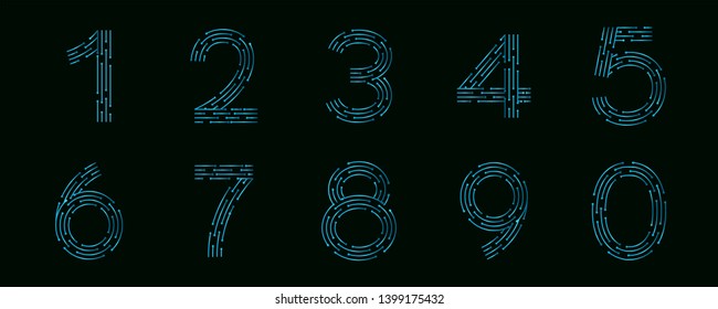 Set Of Tiffany Blue Digital Technology Circuit Number Icon Vector On Black Background, Abstract Futuristic Logo Design Element Illustration, Typography Of Number 1, 2, 3, 4, 5, 6, 7, 8, 9, 0 Symbol