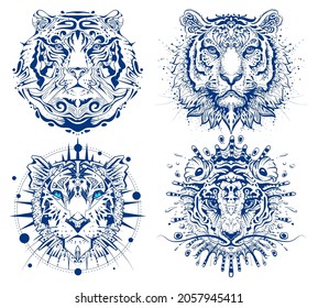 Set tiger abstract face head print. 2022 year symbol chinese calendar water tiger. Vector illustration isolated on white