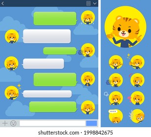 A set of Tiger boy with expresses various emotions on the SNS window.It's vector art so it's easy to edit.