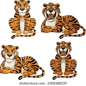 Set of tiger cartoon in different pose illustration