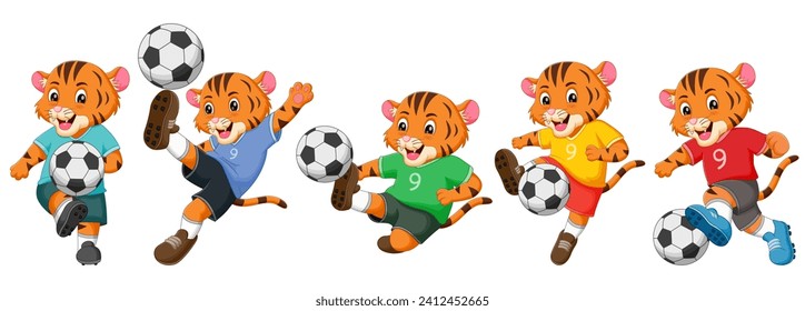 Set of tiger cartoon playing football. Vector illustration