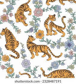 Set Set Set mit großem Tiger und Fauna Thema-Cartoon Tierdesign-FlavVektorgrafik einzeln auf weißem Hintergrund