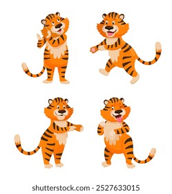A set of tiger character illustrations in various playful poses and expressions. This cute and wild animal is depicted in different gestures, bringing fun and joy in the jungle or zoo.