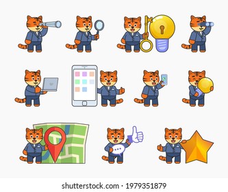 Set of tiger characters in business suit showing various actions. Cheerful tiger holding spyglass, magnifier, big key, standing near map, mobile phone. Vector illustration bundle