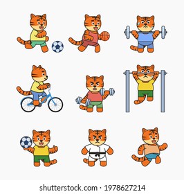 Set of tiger characters doing various sports. Cute tiger playing football, basketball, riding bike, running and showing other actions. Vector illustration bundle