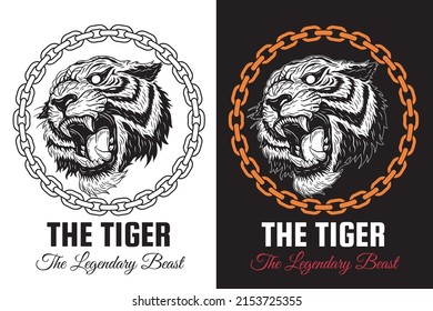 Set Tiger Dark Ilustración Beast Skull Bones Head Hand Dibujó Hatching Contorno Símbolo Tattoo Merchandise T-shirt Merch vintage