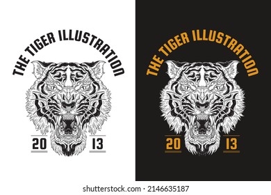 Set Tiger Dark illustration Skull Bones Head Hand drawn Hatching Outline Style Mystical Celestial Symbol Tattoo Merchandise T-shirt Merch vintage