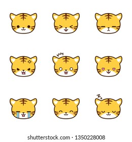 Set of Tiger emoticons with different expressions. Emoji faces. Simple cartoon vector illustration