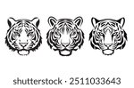 Set of tiger face. Collection of portraits predatory animal. Set of wildcats. Tiger heads black and white vector. Silhouette shapes of tigers illustration.