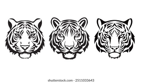 Conjunto de face de tigre. Coleção de retratos animal predador. Conjunto de gatos-selvagens. Tigre cabeças vetor preto e branco. Formas de silhueta de tigres ilustração.