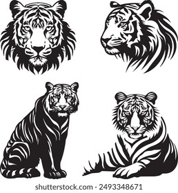 A set of tiger and tiger face vector silhouette