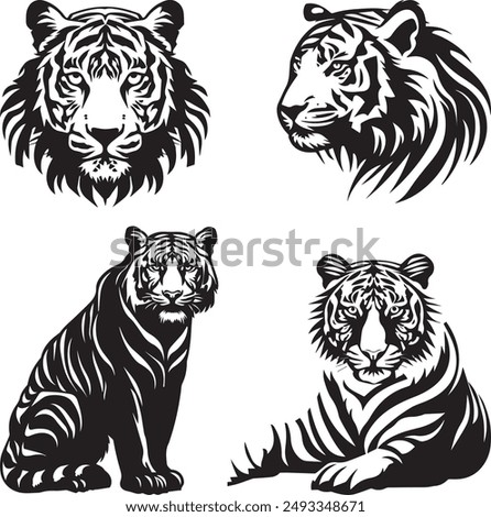 A set of tiger and tiger face vector silhouette