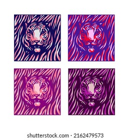Set of tiger faces. Collection of portraits predatory animal. Tiger stripes background drawing. Set of wildcats. Colorful vector illustration for the zoo. Pop art logo. Symbol of the Chinese New Year