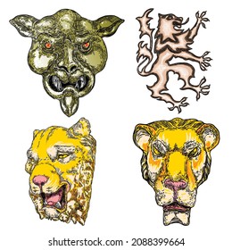 Set of tiger faces and heads made of stone and marble. Decorative animals, roaring and growling tigers. Insignia mascot and zodiac lunar New Year symbole style. Vector. 