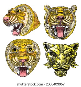 Set of tiger faces and heads made of stone and marble. Decorative animals, roaring and growling tigers. Insignia mascot and zodiac lunar New Year symbole style. Vector. 