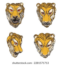 Set of tiger faces and heads made of stone and marble. Decorative animals, roaring and growling tigers. Insignia mascot and zodiac lunar New Year symbole style. Vector. 