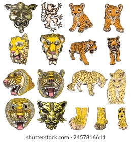 Set of tiger faces and heads made of stone and marble. Decorative animals, roaring and growling tigers. Insignia mascot and zodiac lunar New Year symbole style. Vector. 