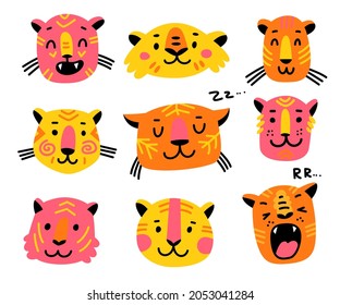 Set of tiger faces for stickers. Vector cartoon illustration with colored heads of wild animals