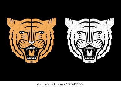 Set of tiger faces. Vintage design of roaring tiger head. Vector illustration.