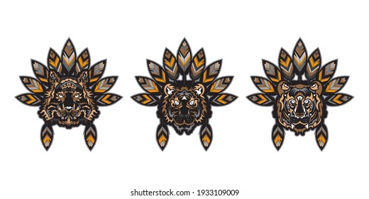 Set of tiger head with feathers. Ready-made print for T-shirts, cups and phone cases. Vector illustration.