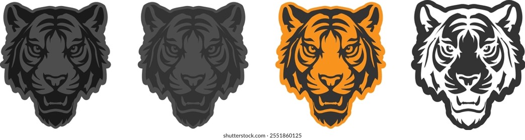 Set of tiger head logos in different colors, icons, prints, tiger patches. 