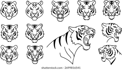 Un conjunto de contornos de cabeza de tigre, mostrando varias expresiones y ángulos, perfecto para proyectos de diseño e ilustraciones.